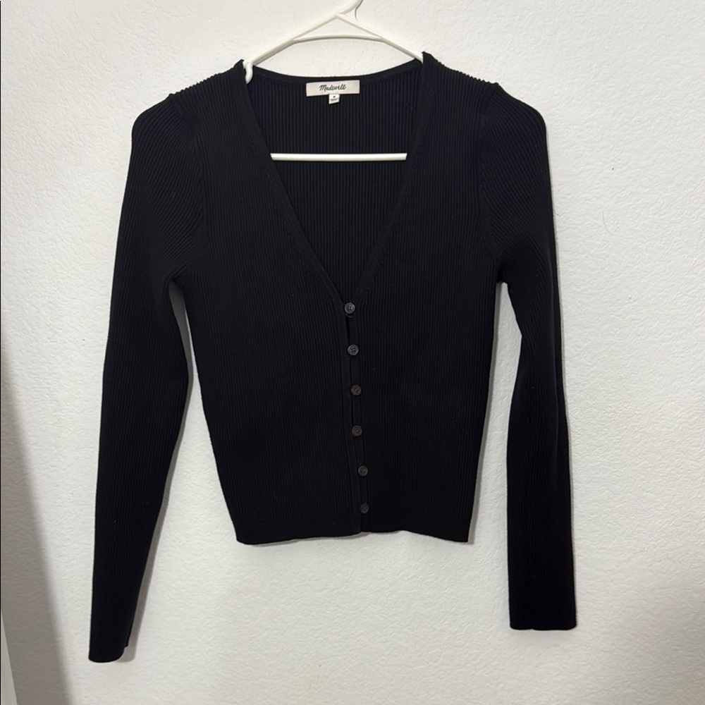 Madewell Carmon Cropped Black Ribbed Cardigan Sweater